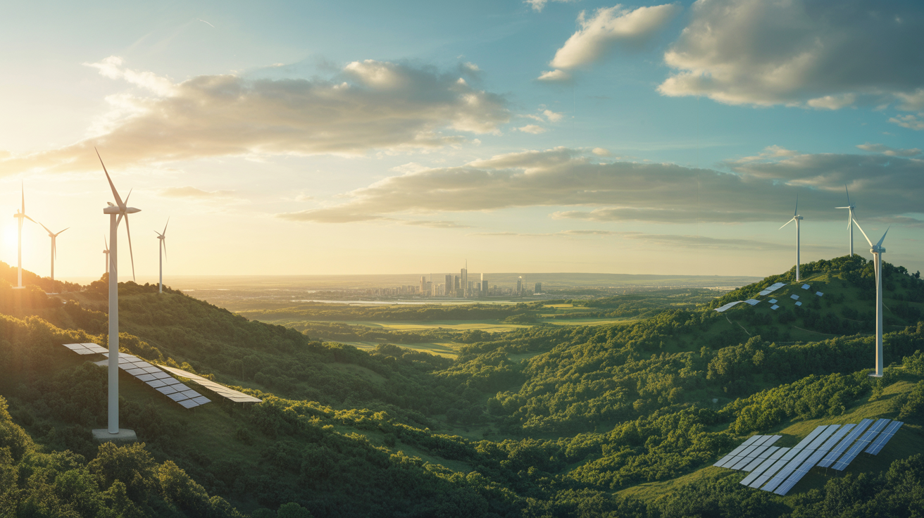 Panoramic green valley with wind turbines on rolling hills and solar panels under golden-hour sunlight with a clean city on the horizon